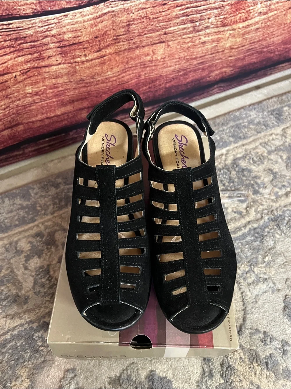 Skechers Parallel Trapezoid Memory Foam Black Wedge Sandals Size 8